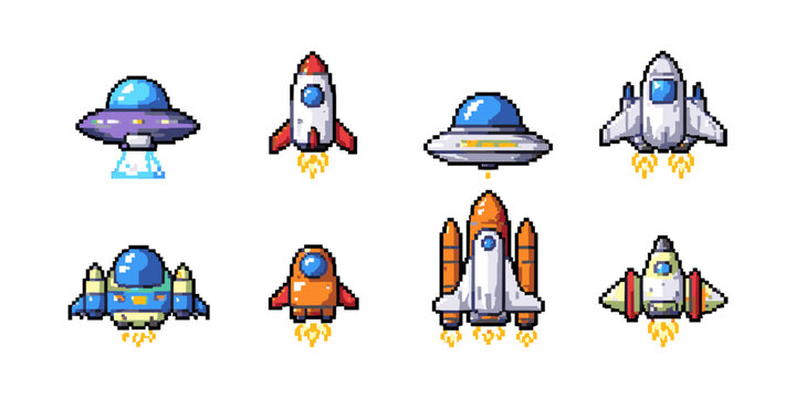 Collection of pixel art spaceships and UFOs in various designs and colors