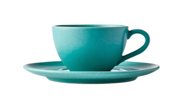 Isolated elegant turquoise ceramic cup and saucer set, perfect for hot drinks.
