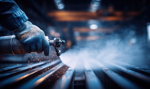 Industrial worker in protective glove spraying metal parts with a spray gun