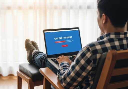 Man sitting on a chair with laptop and watching online banking on the screen