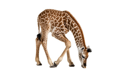 Isolated young giraffe bending down, grazing or drinking, showing its distinctive spotted coat © Aino