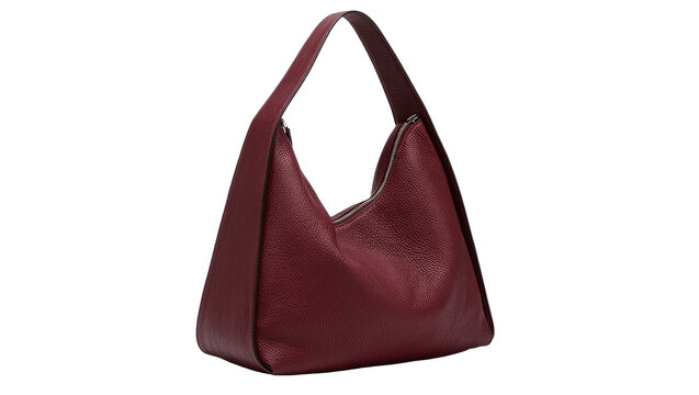 Isolated burgundy pebbled leather hobo shoulder bag, elegant fashion accessory for women