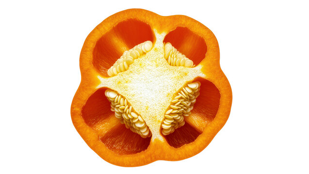 Isolated perfectly cut vibrant orange bell pepper half with seeds and intricate internal structure.