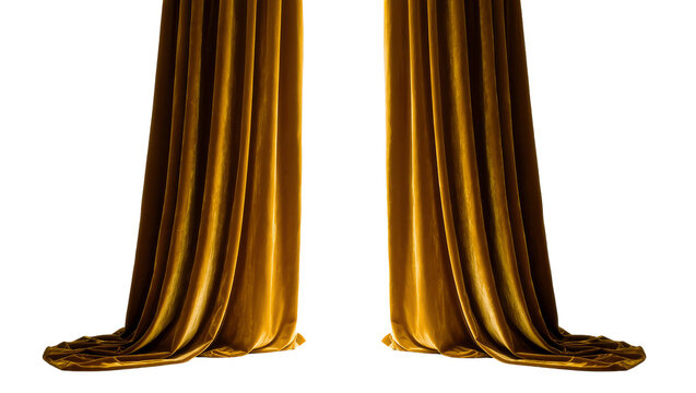 Isolated luxurious golden velvet curtains open stage drapes with rich texture