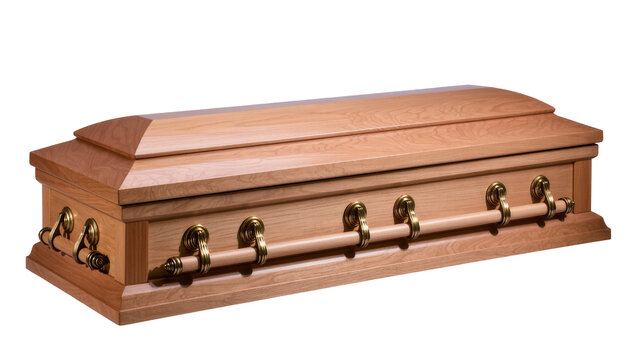Isolated wooden coffin with elegant brass handles, traditional burial casket for funeral