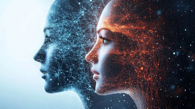 Digital duality AI faces merge, cosmic backdrop, tech concept