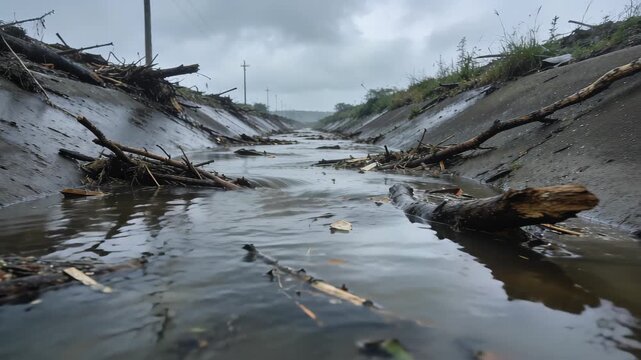 Inundated Roadside Trench: A Broad Perspective of Debris and Drifting Branches