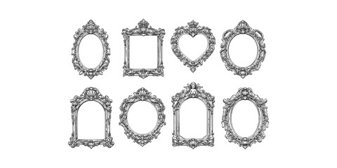 Fototapeta premium Collection of ornate vintage frames in various shapes and sizes, black and white illustration