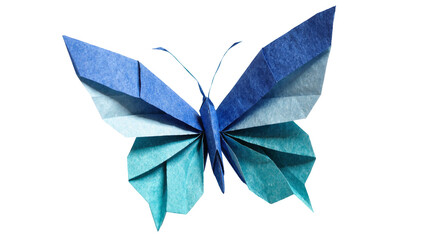 Isolated handcrafted origami paper butterfly with beautiful blue and teal gradient colors