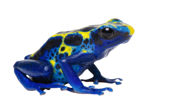 Isolated vibrant blue and yellow poison dart frog, exotic amphibian with vivid markings