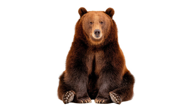 Isolated adult brown bear sitting upright with fluffy fur, looking directly at camera