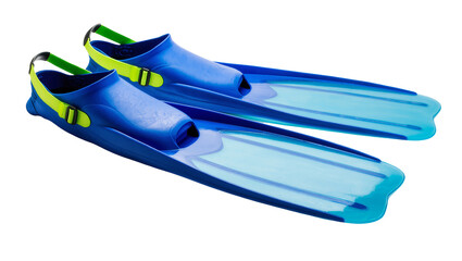 Isolated pair of blue swim fins with adjustable straps for water sports and diving equipment © Anneliese