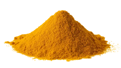 Isolated pile of vibrant yellow-orange turmeric powder, essential culinary spice and superfood © Aino