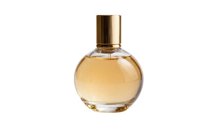 Obraz premium Isolated elegant round golden perfume bottle with clear glass and metallic cap, luxury beauty product.