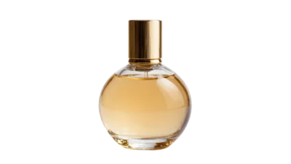 Fotobehang Goud Isolated elegant round golden perfume bottle with clear glass and metallic cap, luxury beauty product.  © Aino