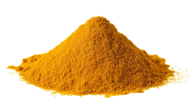 Isolated pile of vibrant yellow-orange turmeric powder, essential culinary spice and superfood