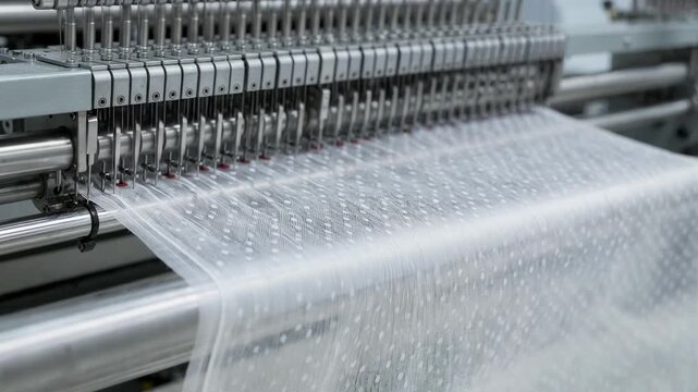 Medium shot of machines expertly knitting delicate dot patterns into sheer jacquard fabric highlighting the transparency and precision of the textile creation process.