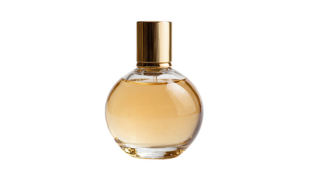 Isolated elegant round golden perfume bottle with clear glass and metallic cap, luxury beauty product.