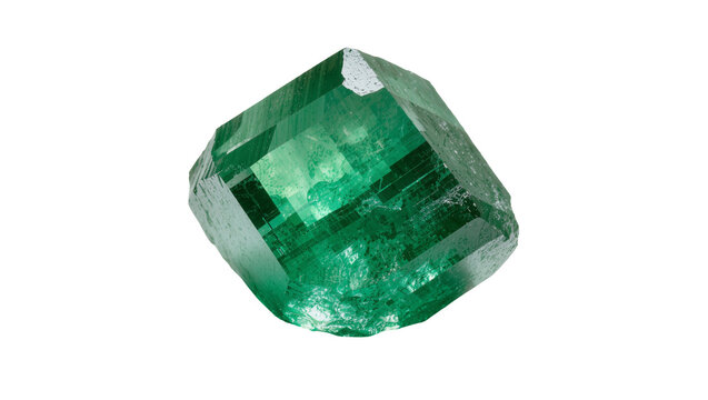 Isolated natural raw emerald crystal gemstone mineral specimen with brilliant green color.