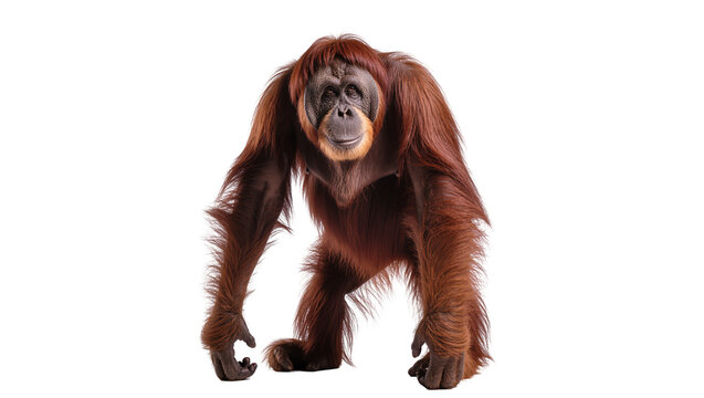 Isolated adult orangutan standing on all fours, a majestic great ape looking towards the viewer