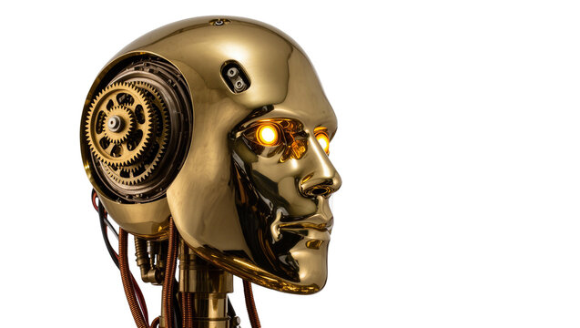 Isolated golden robotic head with glowing eyes, intricate gears, and advanced artificial intelligence