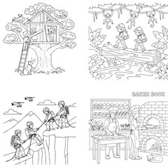 Naklejka premium Astronauts exploring rocky alien planet landscape, space exploration, black and white illustration