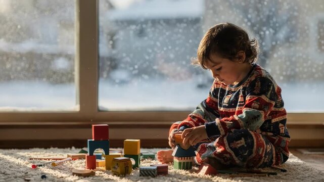 Medium shot of child in novelty print winter flannel pajamas engaging in creative play by the window with snow outside.