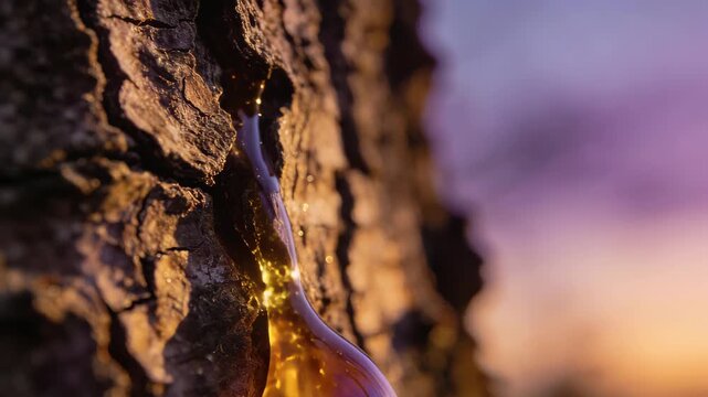 Extreme Macro Close-Up of Glinting Tree Sap Bead on Rough Bark at Twilight