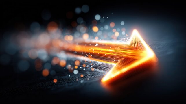 Glowing orange arrow streaks forward with light particles and bokeh effect
