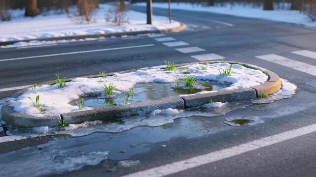 Soft Aerial View of a Melting Traffic Island with Early Spring Greenery Sprouts