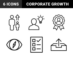 Fototapeta premium Business and personal development line icon set. Vector pictograms of mentoring, idea, achievement, upload, vision, and checklist, thin outline illustration.