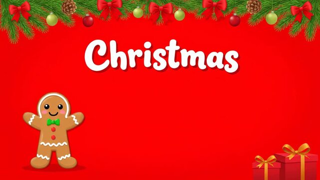 A festive red background with "Christmas" text, a gingerbread man, and gift boxes, adorned with fir branches and bows. Christmas video background with wide copy space.