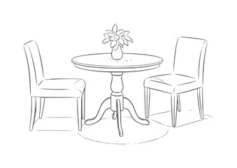 Of a round table with two chairs and a vase of flowers outline