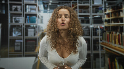 Fototapeta premium Young woman with curly hair holding plastic water bottle, puckers lips while standing in a library archive aisle between shelves; playful curiosity.