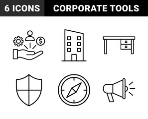 Fototapeta premium Business and management icon set. Vector pictograms of office desk, building, megaphone, shield, compass, wrench, and hand holding resources, thin outline illustration.