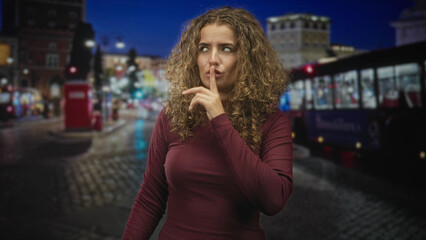 Fototapeta premium Woman with curly hair pressing finger to lips for silence on city street at night, open palm offering; secret hush silence.