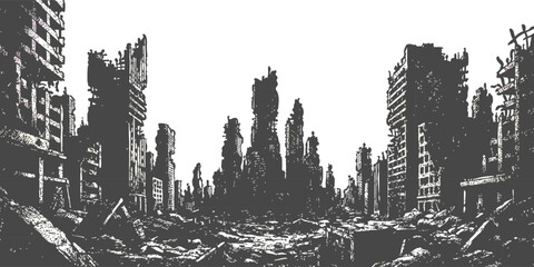 Post-apocalyptic city ruins with destroyed buildings and rubble, black and white vector illustration for war concept