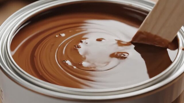 Stirring Brown Paint in a Metal Can with a Wooden Stick.