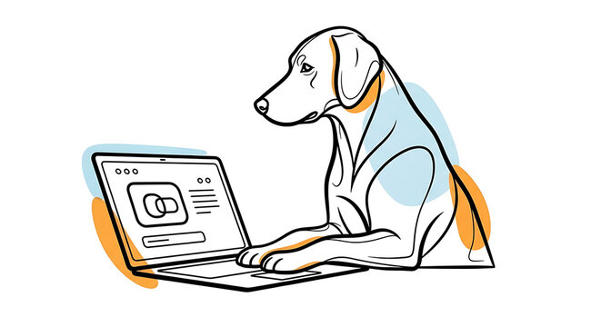 A dog working on a laptop, illustrating online services and digital communication