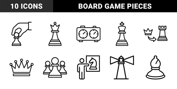 Chess and strategy line icon set. Vector pictograms of king, queen, bishop, rook, pawn, clock, crown, and coach, thin outline illustration.