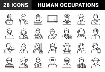 Fototapeta premium Professional occupation line icon set. Vector pictograms of pilot, chef, firefighter, scientist, astronaut, farmer, and soldier, thin outline illustration.