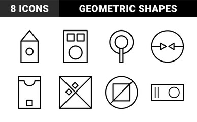 Abstract geometric line icon set. Vector pictograms of circle, square, triangle, house, envelope, arrow, and magnifying glass, thin outline illustration.