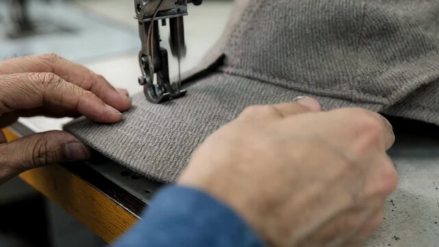 Medium shot of worker setting double row sewn eyelets into cap fabric showcasing craftsmanship and detail in enhancing airflow and comfort.