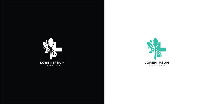 Natural Health Food Medical Cross Logo Design Herbal Wellness Icon with Leaf and Spoon.