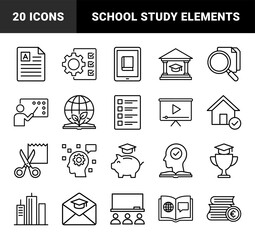 Naklejka na ściany i meble Education and learning icon set. Vector pictograms of book, trophy, graduation cap, chalkboard, magnifying glass, and piggy bank, thin outline illustration.