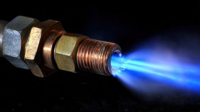 Close-up of a propane torch nozzle emitting a bright blue flame against a dark background