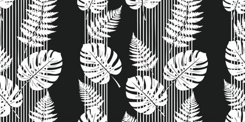 Seamless pattern with tropical monstera leaves and fern silhouettes on a black background with vertical lines vector illustration © ZenVectors