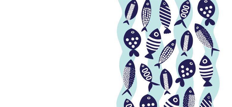 Sardines. Vector sea poster. Undersea. Wave.