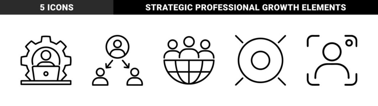 Business and management line icon set. Vector pictograms of hierarchy, global networking, remote work, target, and focal point, thin outline illustration.