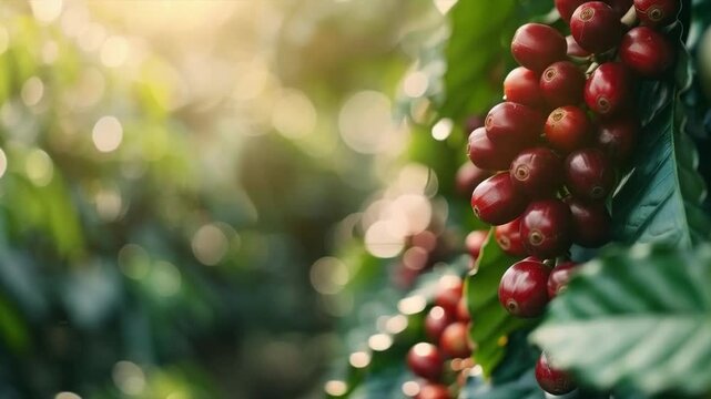 Ripe coffee beans on a branch, set against a backdrop of greenery and sunbeams, symbolise natural abundance, making them the perfect backdrop for adverts for eco-friendly products and food blogs.
